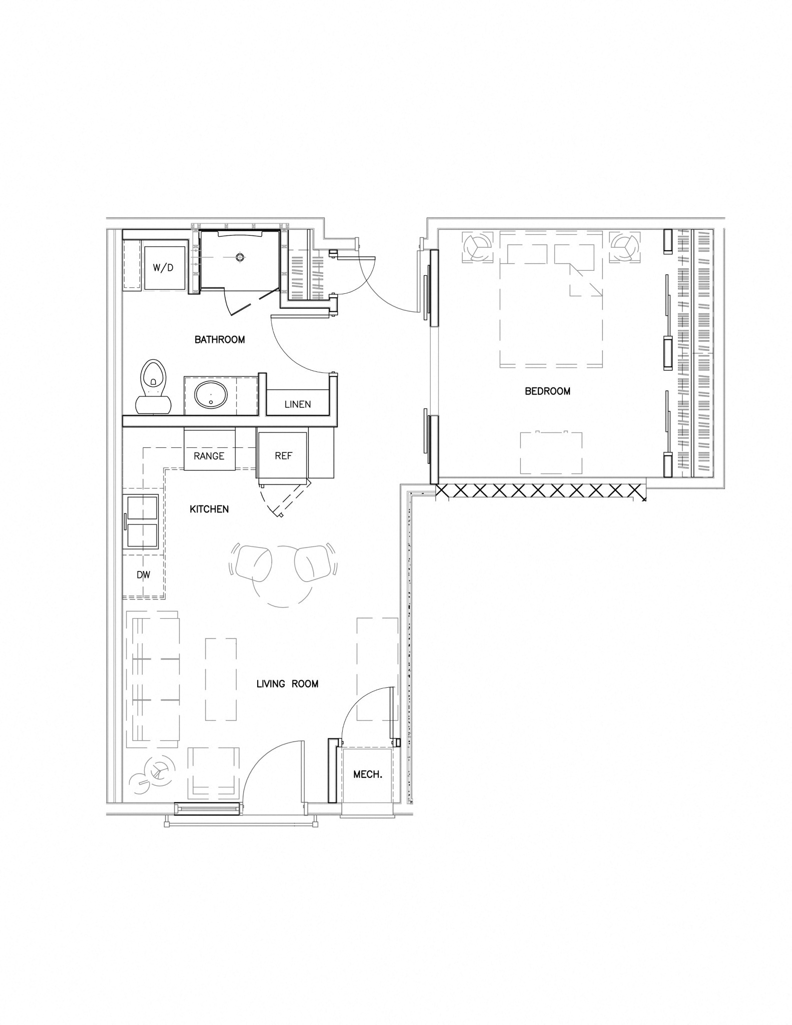 Floor plan for studio, 1 bath, 607 sqft